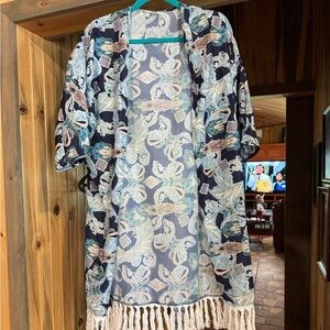 Amazon Women's Floral Kimono with Fringe - Navy and Pastel